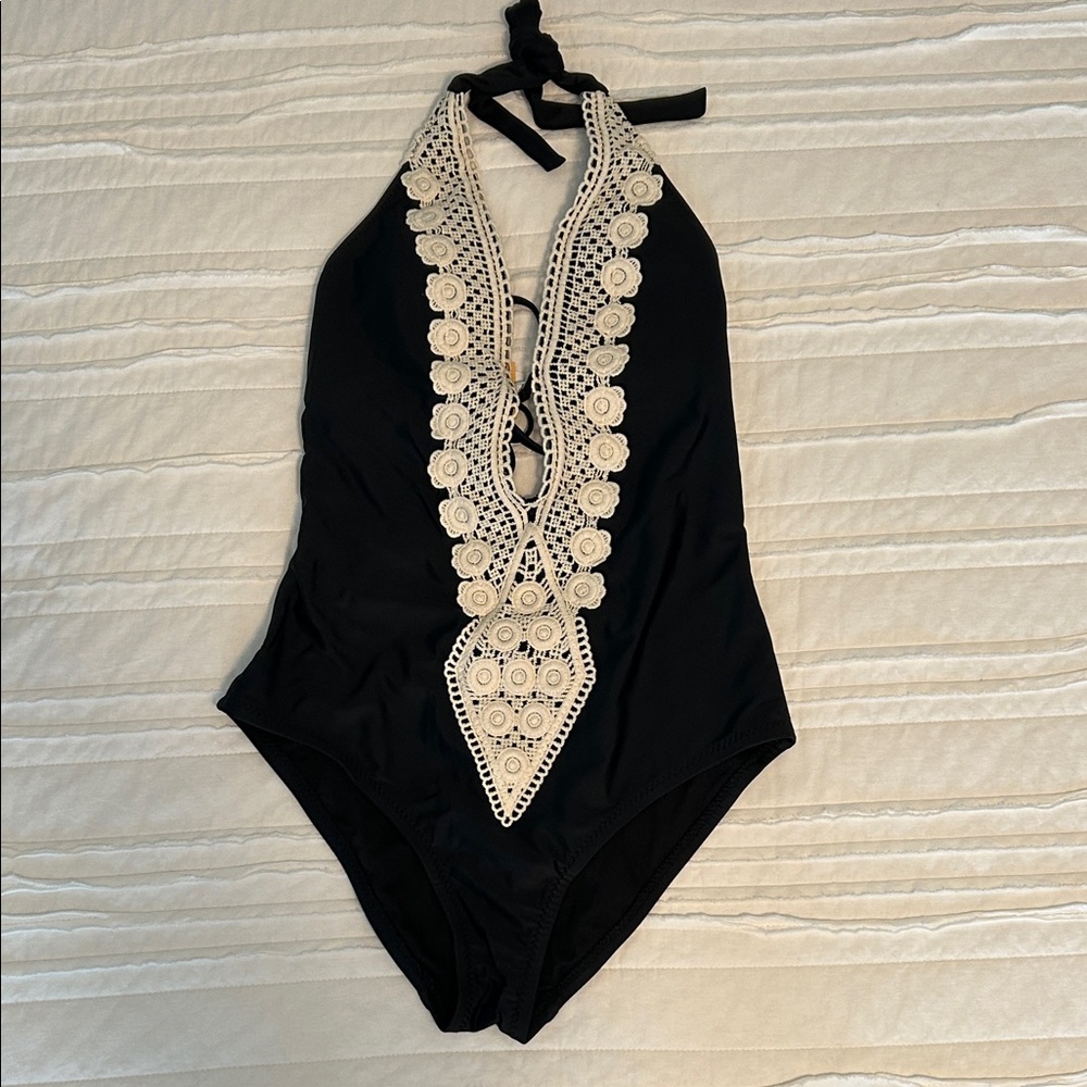 Kona Sol Black One-Piece Swimsuit with Cream Crochet Placket
